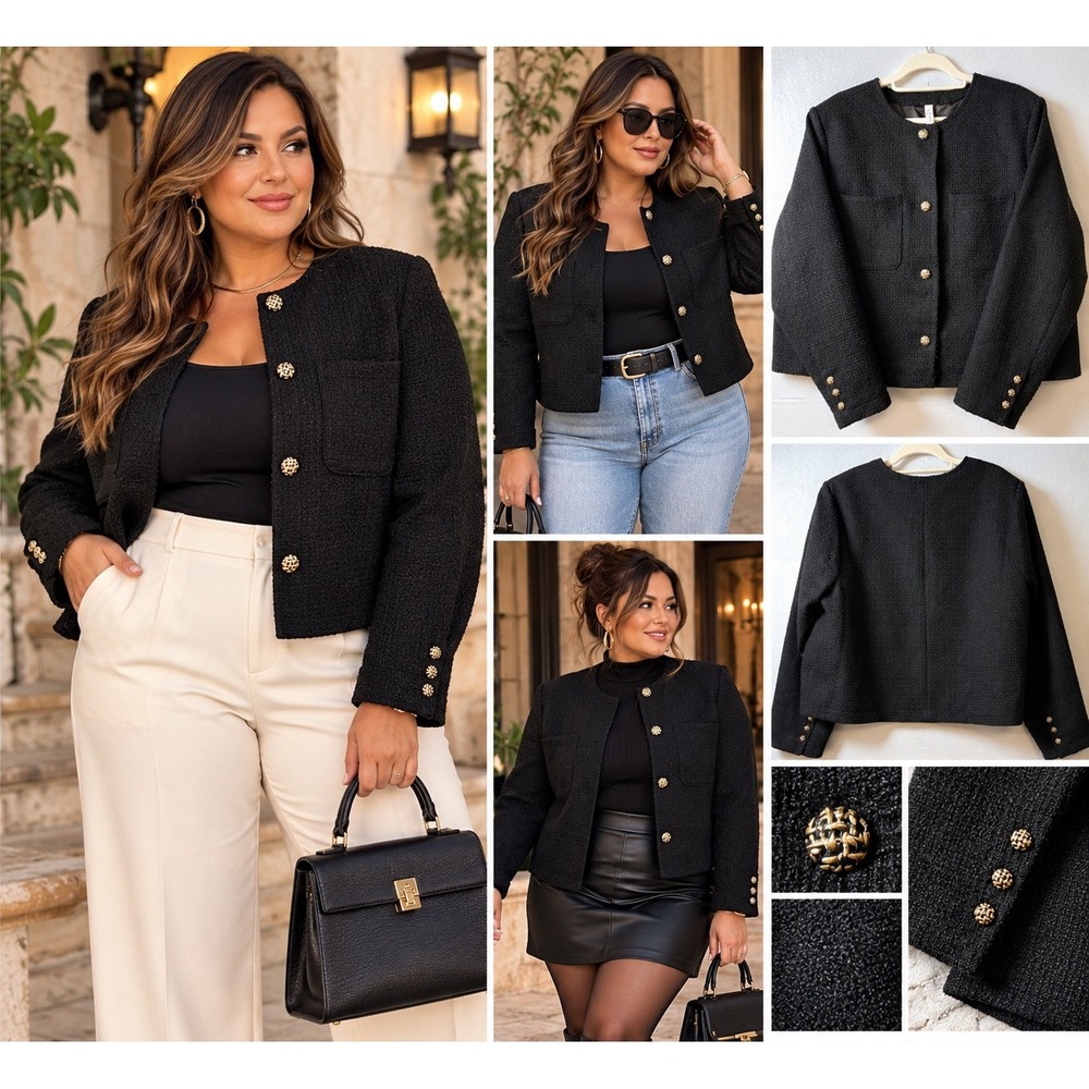 Torrid Belle Isle Black Boucle Tweed Cropped Jacket Gold Buttons Plus Size 3 NEW